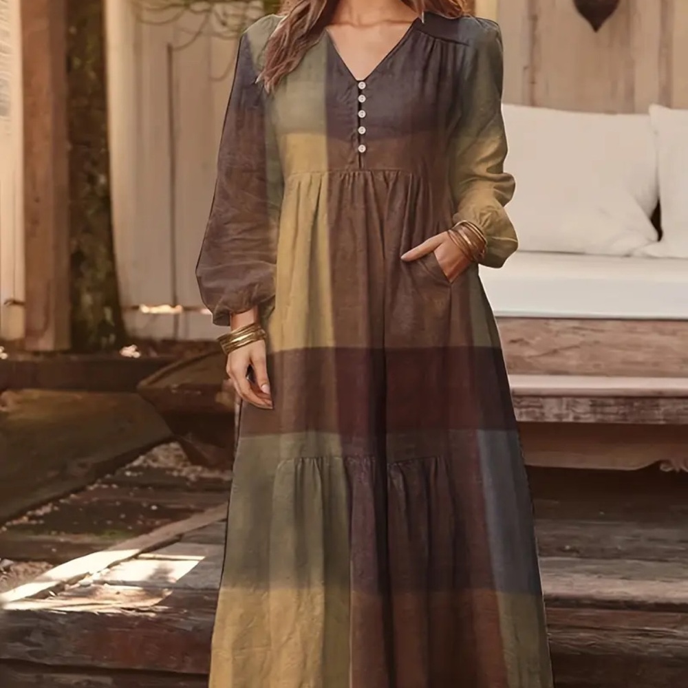 Plaid Maxi Dress with Button Detail